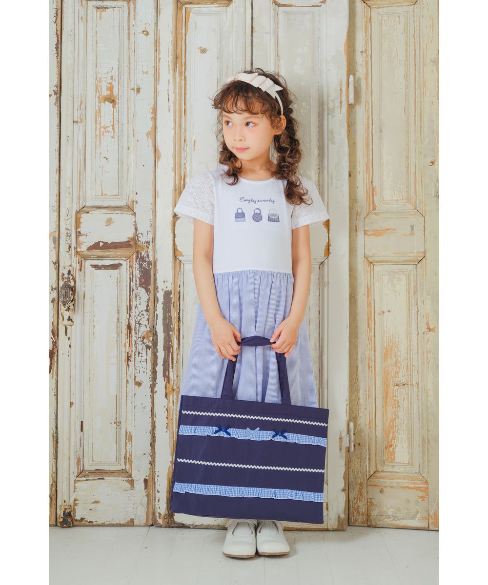 Tote bag with gingham check frill ribbon 2023ss2 Navy model image 3