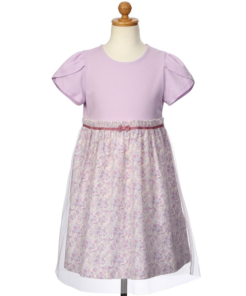 100 % cotton original floral pattern ribbon tulle docking dress 2023ss2 Purple torso