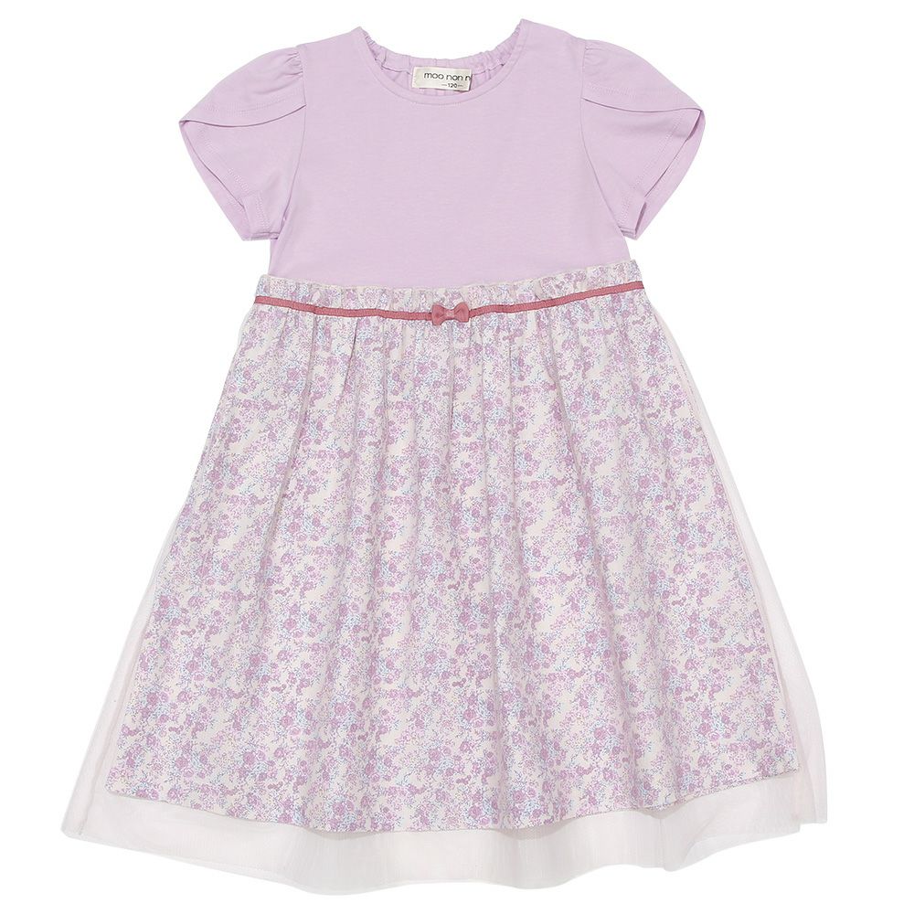 100 % cotton original floral pattern ribbon tulle docking dress 2023ss2 Purple front