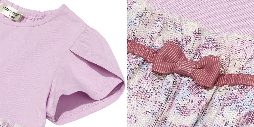 100 % cotton original floral pattern ribbon tulle docking dress 2023ss2 Purple Design point 1