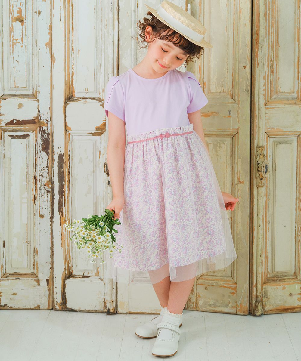 100 % cotton original floral pattern ribbon tulle docking dress 2023ss2 Purple model image up