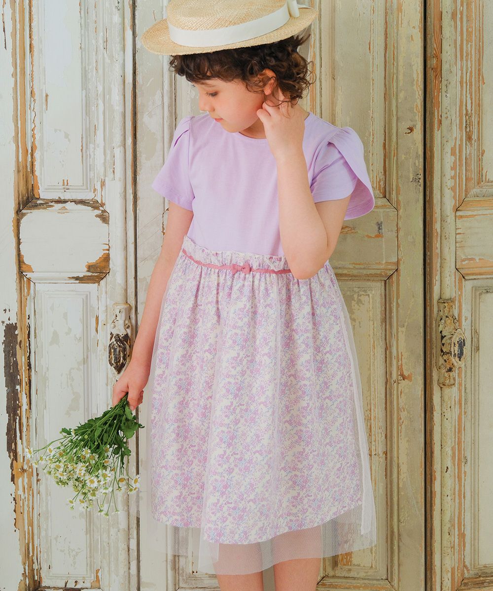 100 % cotton original floral pattern ribbon tulle docking dress 2023ss2 Purple model image 2