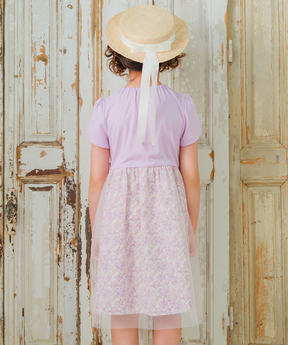 100 % cotton original floral pattern ribbon tulle docking dress 2023ss2 Purple model image 3