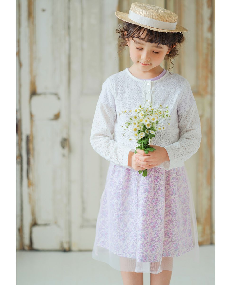 100 % cotton original floral pattern ribbon tulle docking dress 2023ss2 Purple model image 4