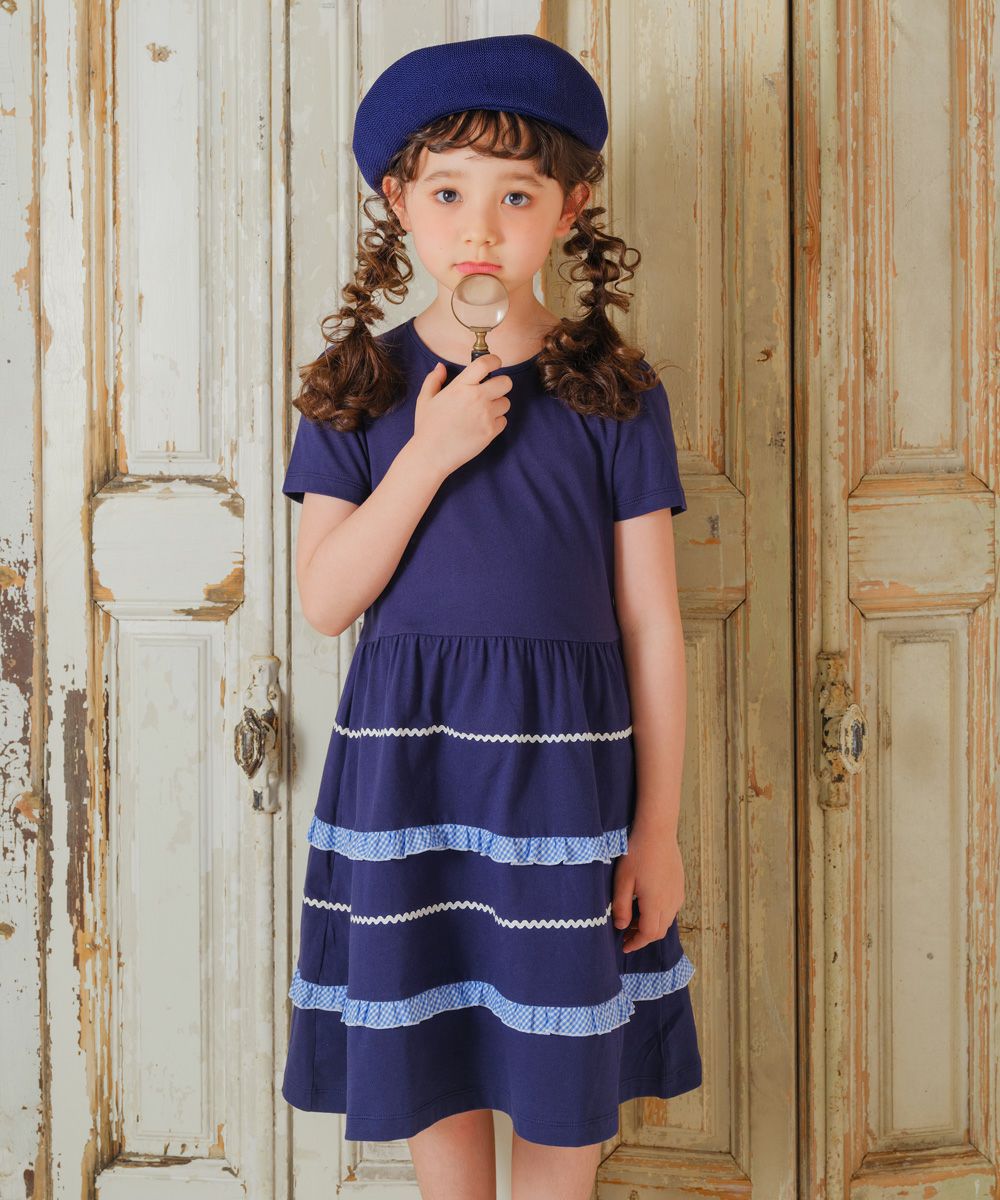 100 % cotton gathered dress with frill 2023ss2 Navy model image 1