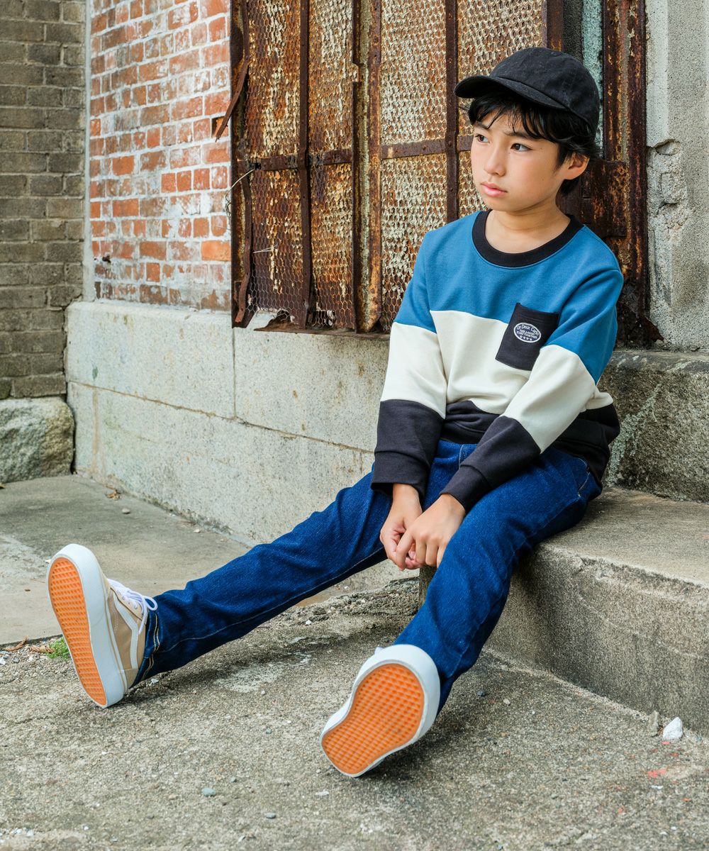 ウォッシュ加工 デニムニット ユニセックス パンツNavymodel image whole body