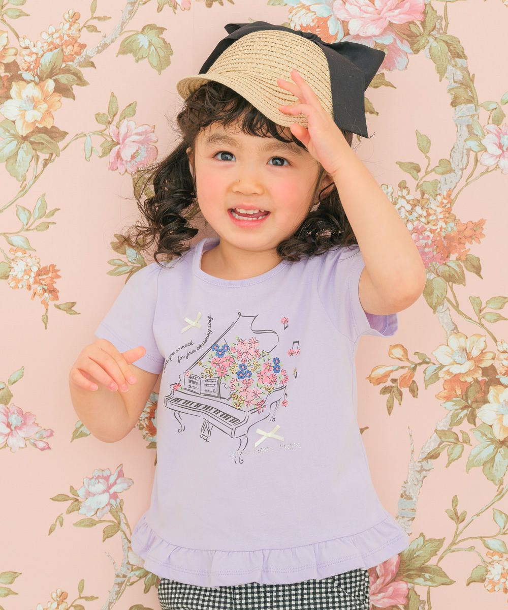 100 % cotton flower piano note print frill T -shirt 2023ss2 Purple model image whole body
