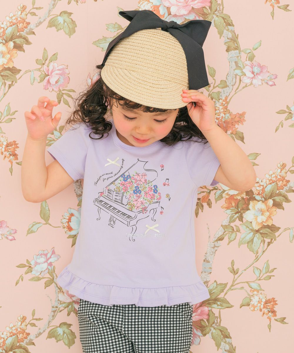 100 % cotton flower piano note print frill T -shirt 2023ss2 Purple model image 1
