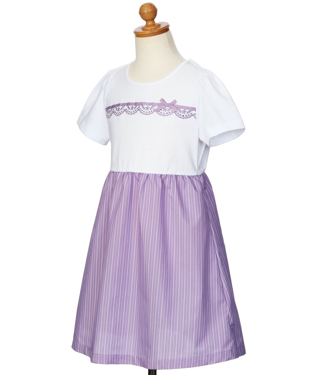 Ribbon lace embroidery striped pattern docking dress 2023ss2 Purple torso