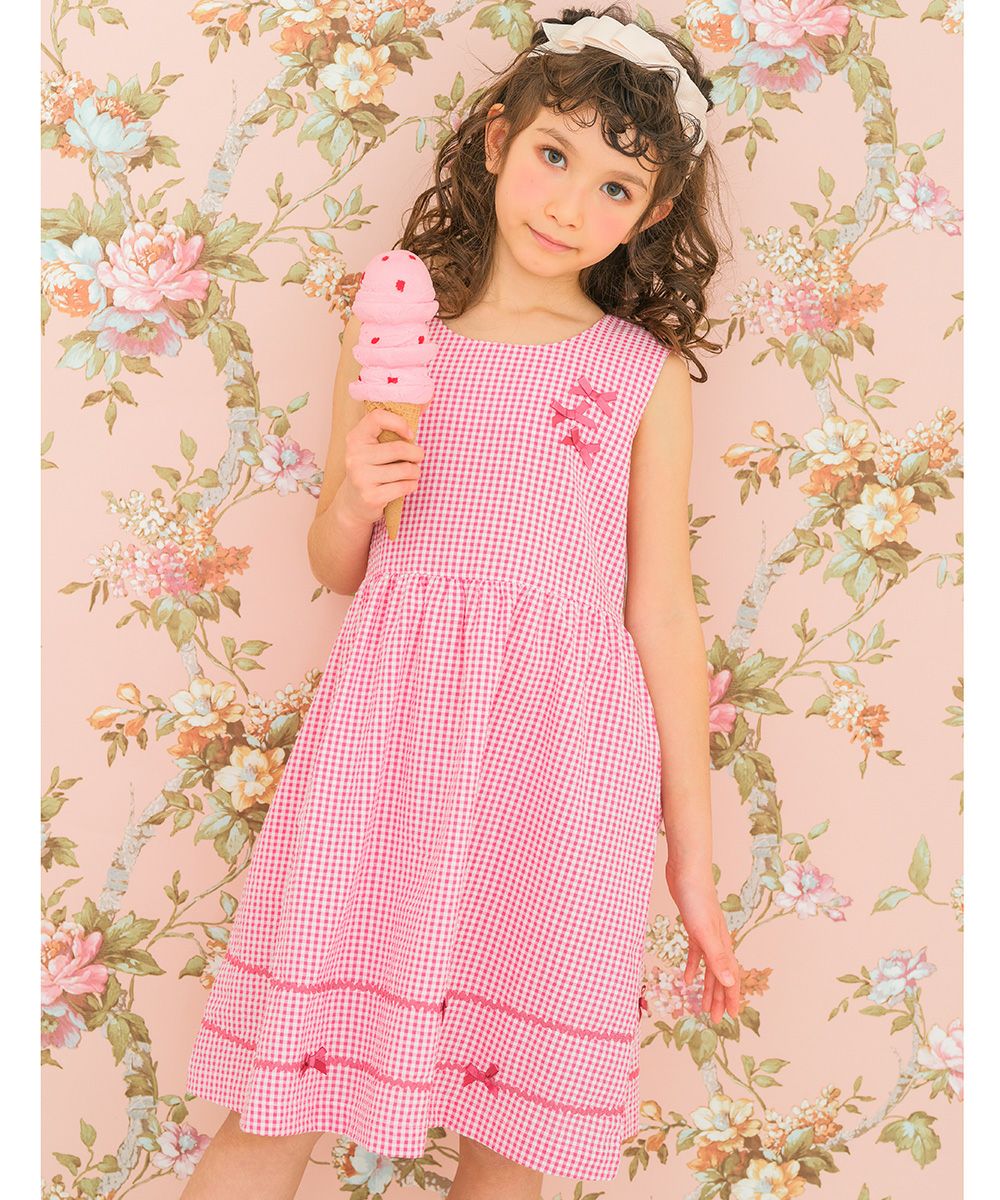 Gingham plaid dress with ribbon dress 2023ss2 Pink model image 1