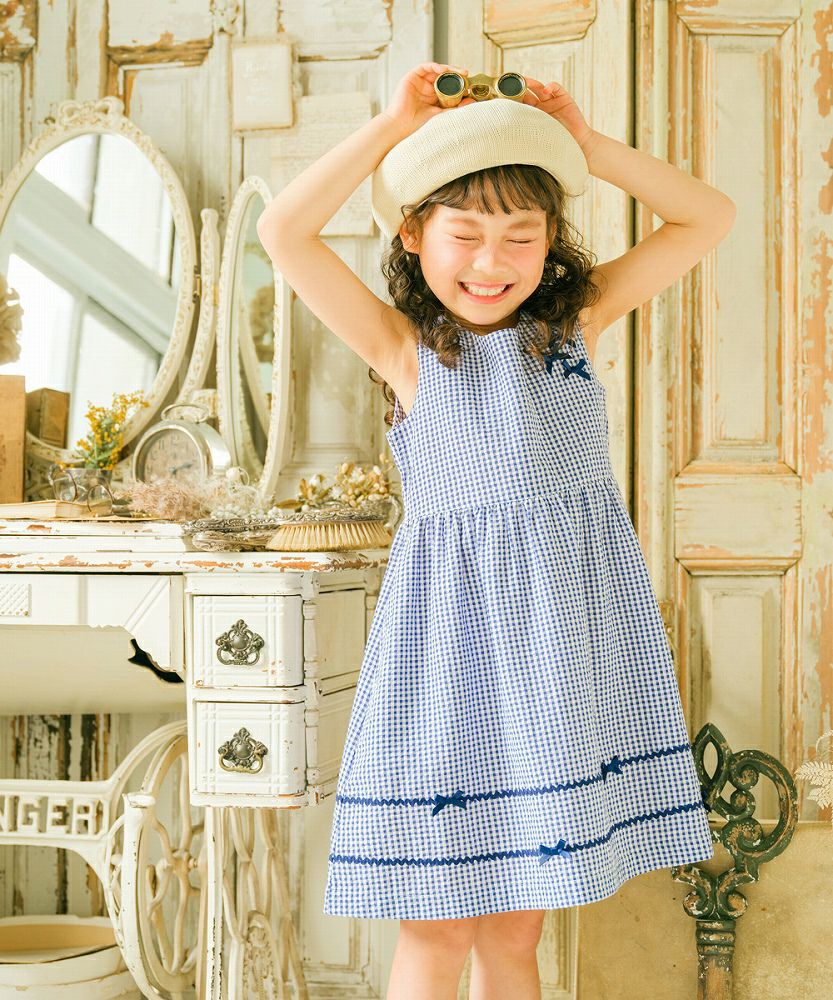 Gingham plaid dress with ribbon dress 2023ss2 Navy model image up
