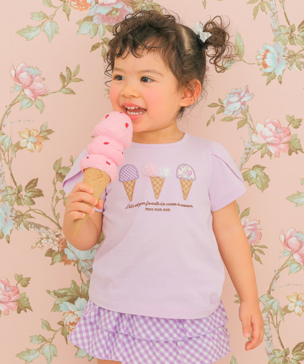 綿100％ チューリップ袖 刺繍 ロゴ 花 アイスクリーム TシャツMainImage