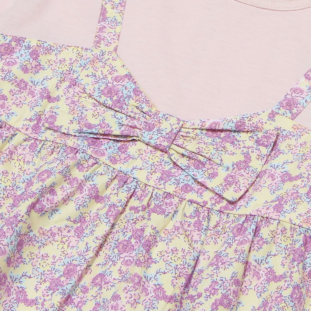 100 % cotton original floral print ribbon layered winding style A line T -shirt 2023ss2 Pink Design point 1