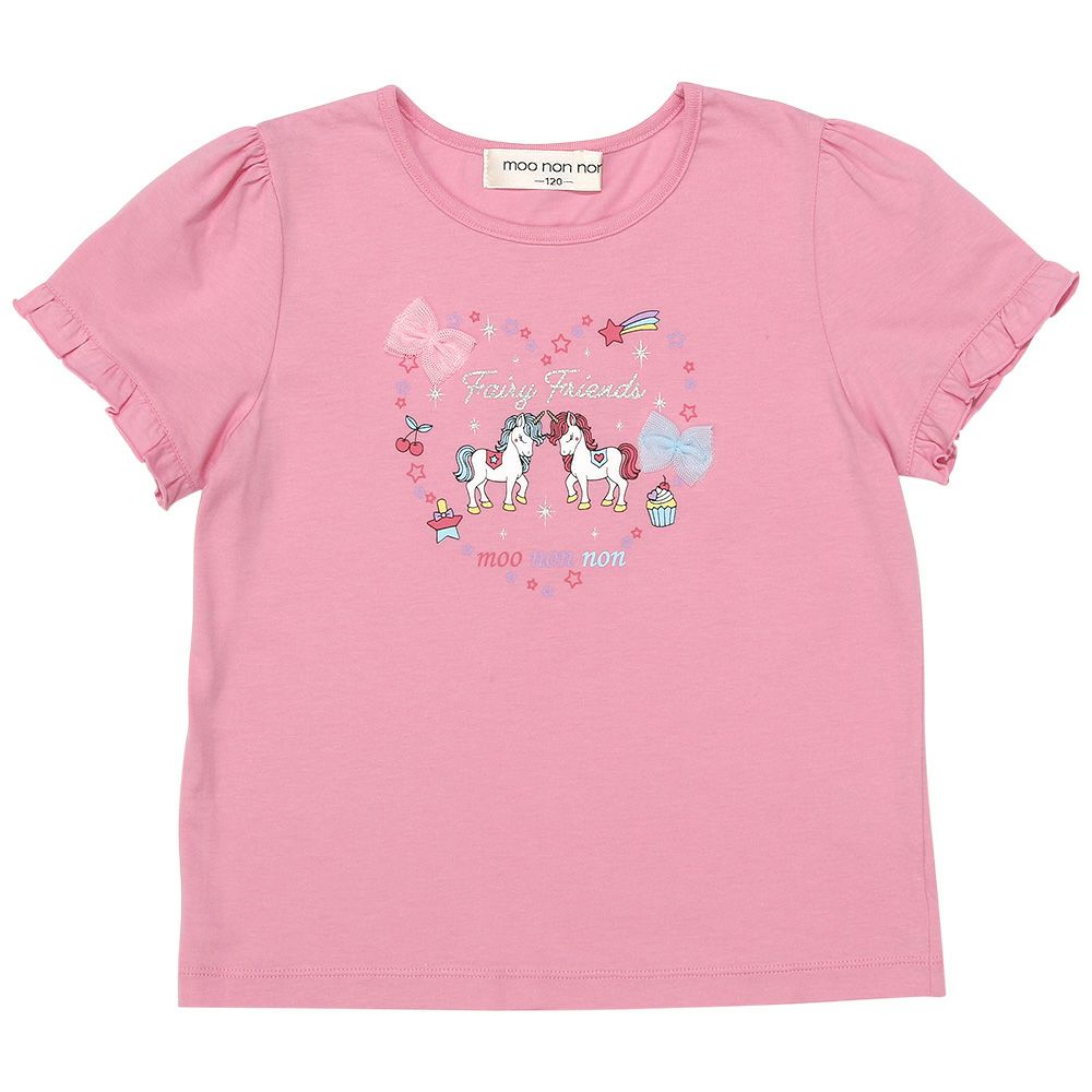 100 % cotton unicorn print ribbon T -shirt 2023ss2 Shocking Pink front