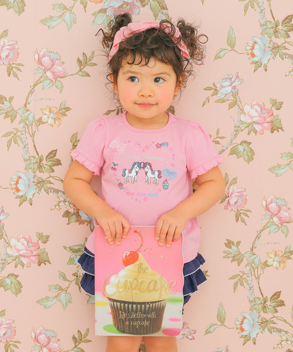 100 % cotton unicorn print ribbon T -shirt 2023ss2 Shocking Pink model image 1