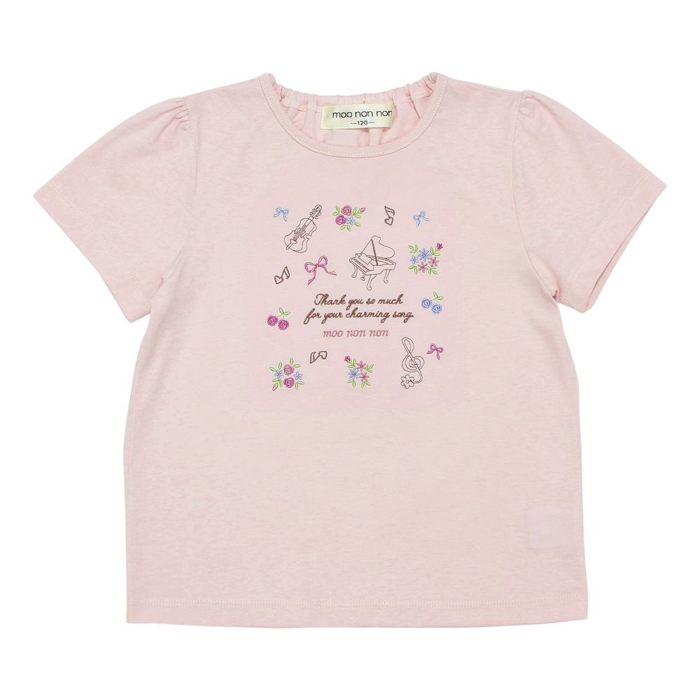 100 % cotton concert & ribbon flower embroidery T -shirt 2023ss2 Pink front