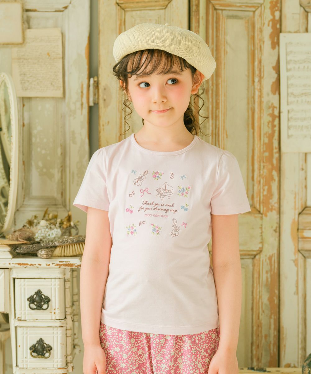 100 % cotton concert & ribbon flower embroidery T -shirt 2023ss2 Pink model image up