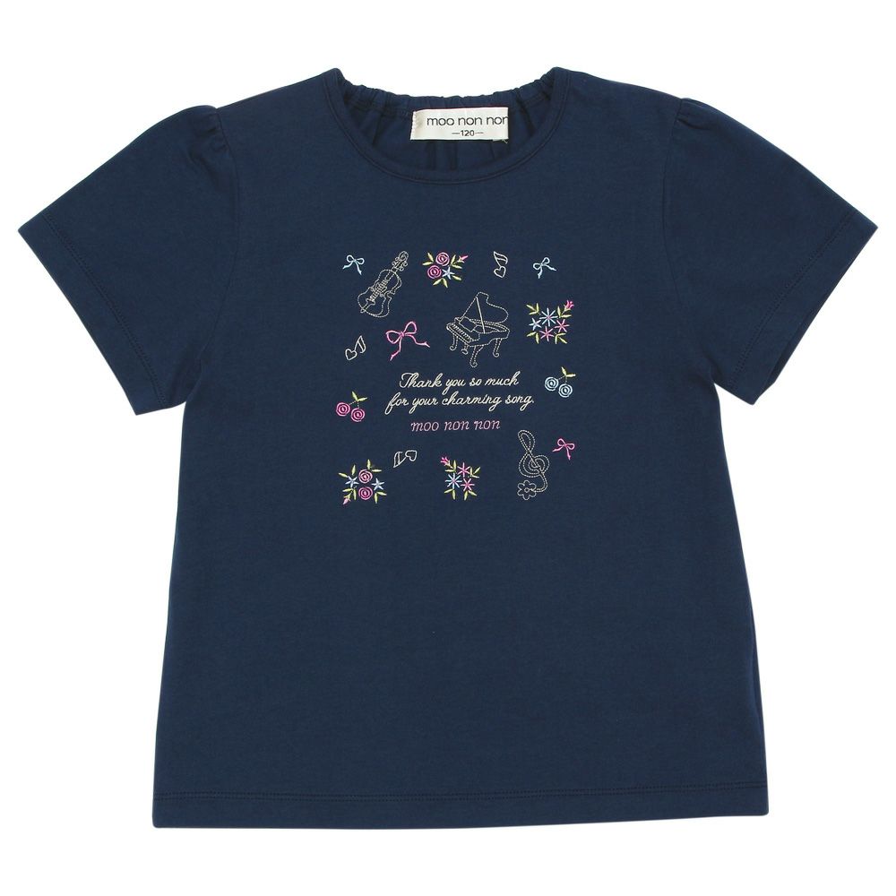 100 % cotton concert & ribbon flower embroidery T -shirt 2023ss2 Navy front