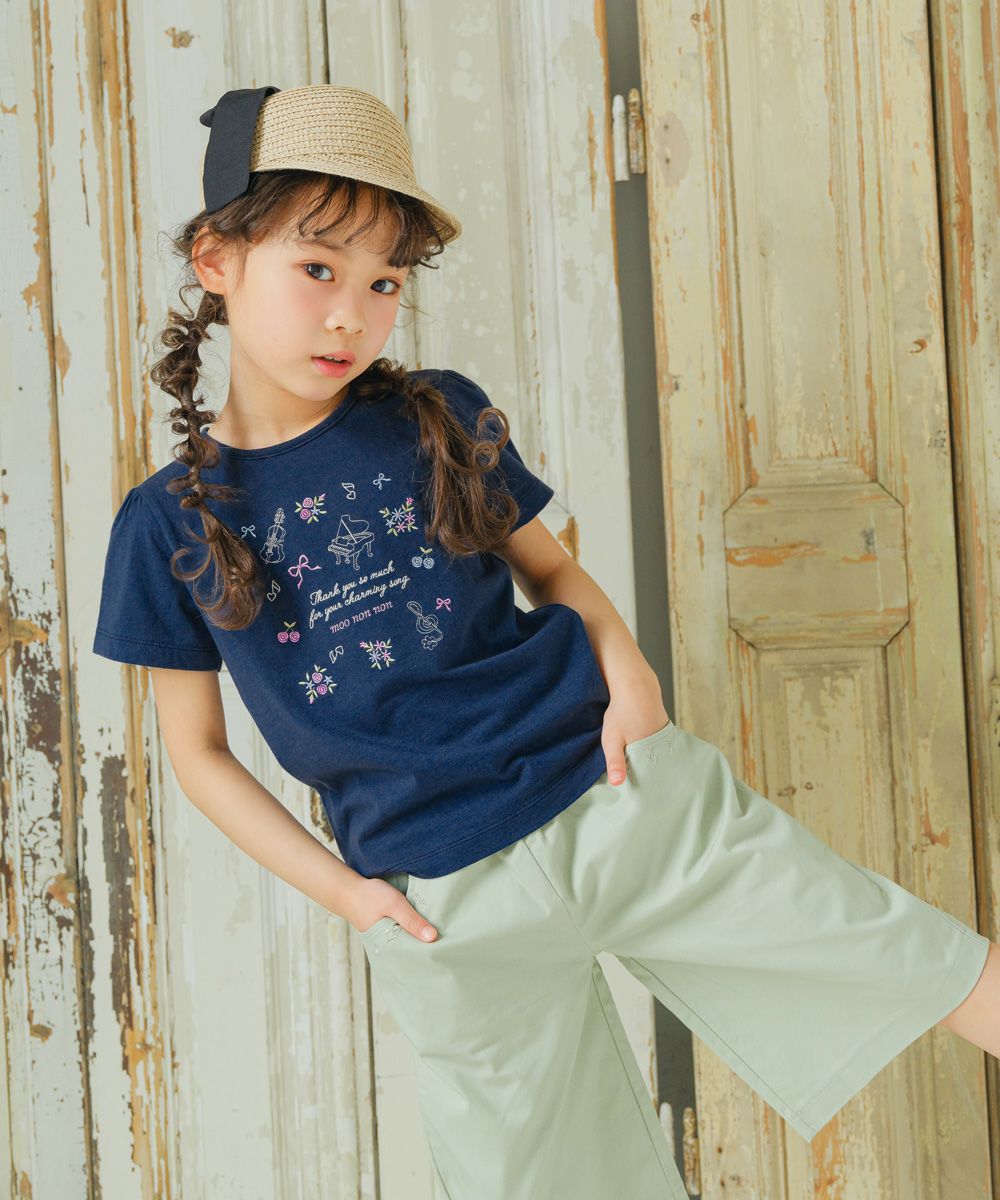 100 % cotton concert & ribbon flower embroidery T -shirt 2023ss2 Navy model image 1