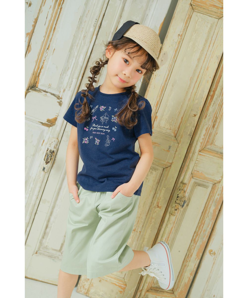 100 % cotton concert & ribbon flower embroidery T -shirt 2023ss2 Navy model image 2