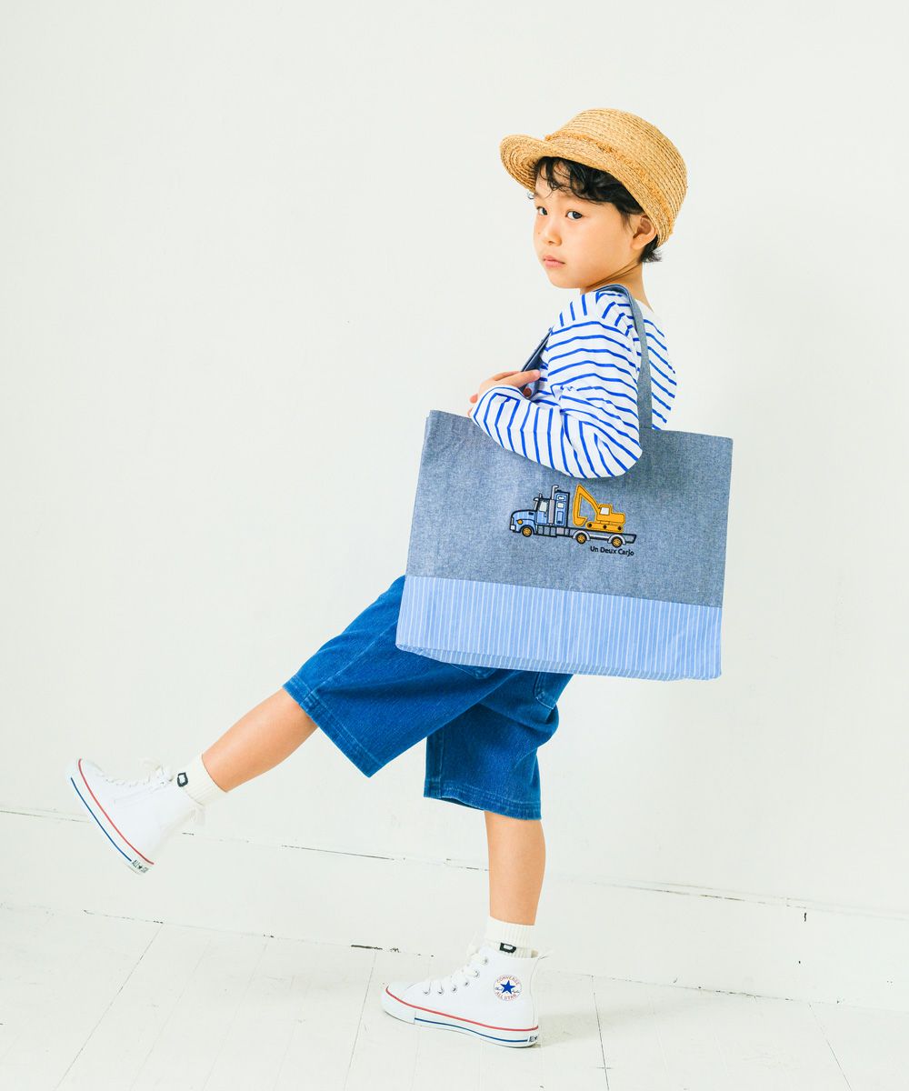 Working car stripe & Dungarian tote bag 2023ss2 Navy model image up