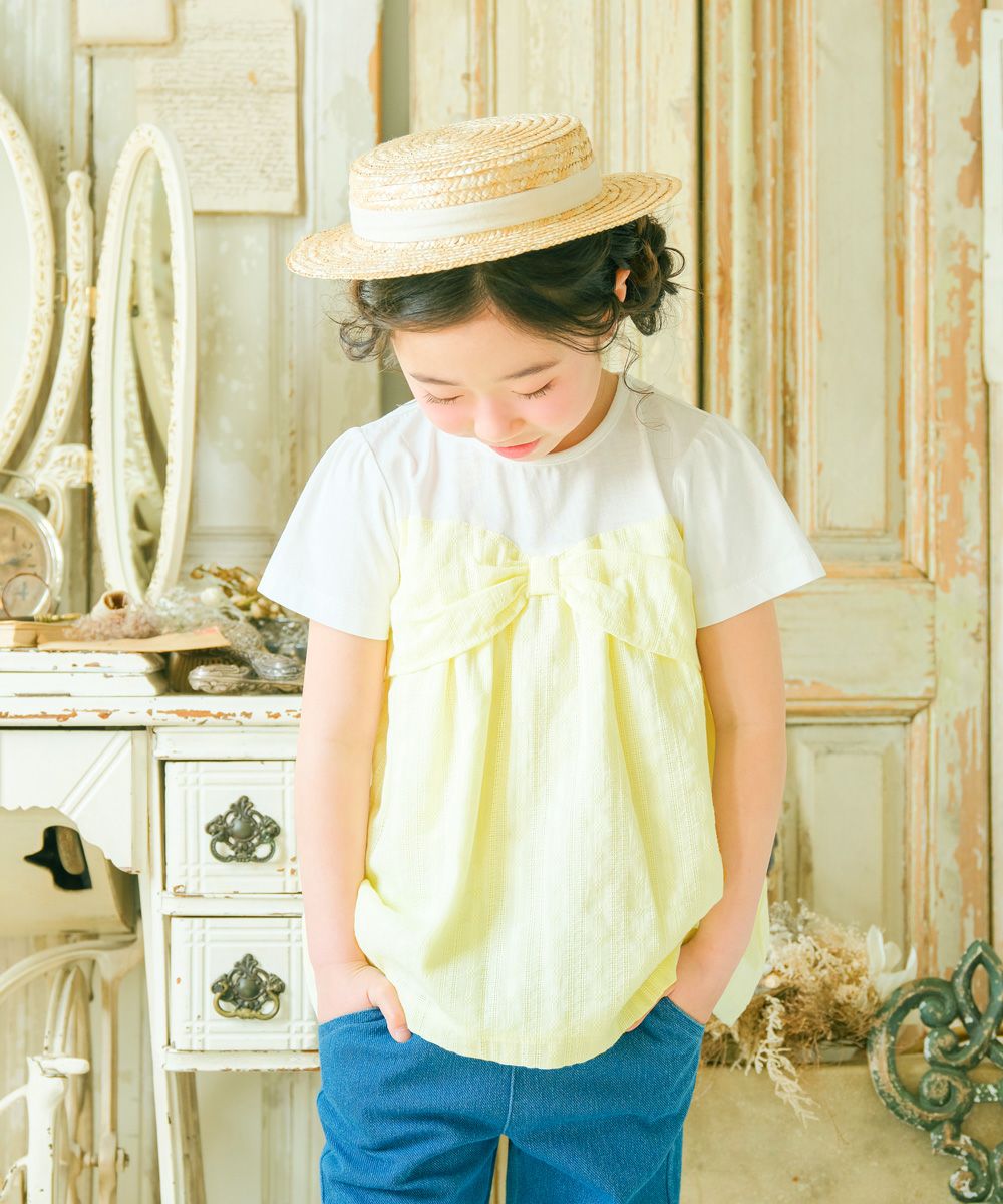 Dobby woven striped pattern with ribbon 2023ss2 Yellow model image up