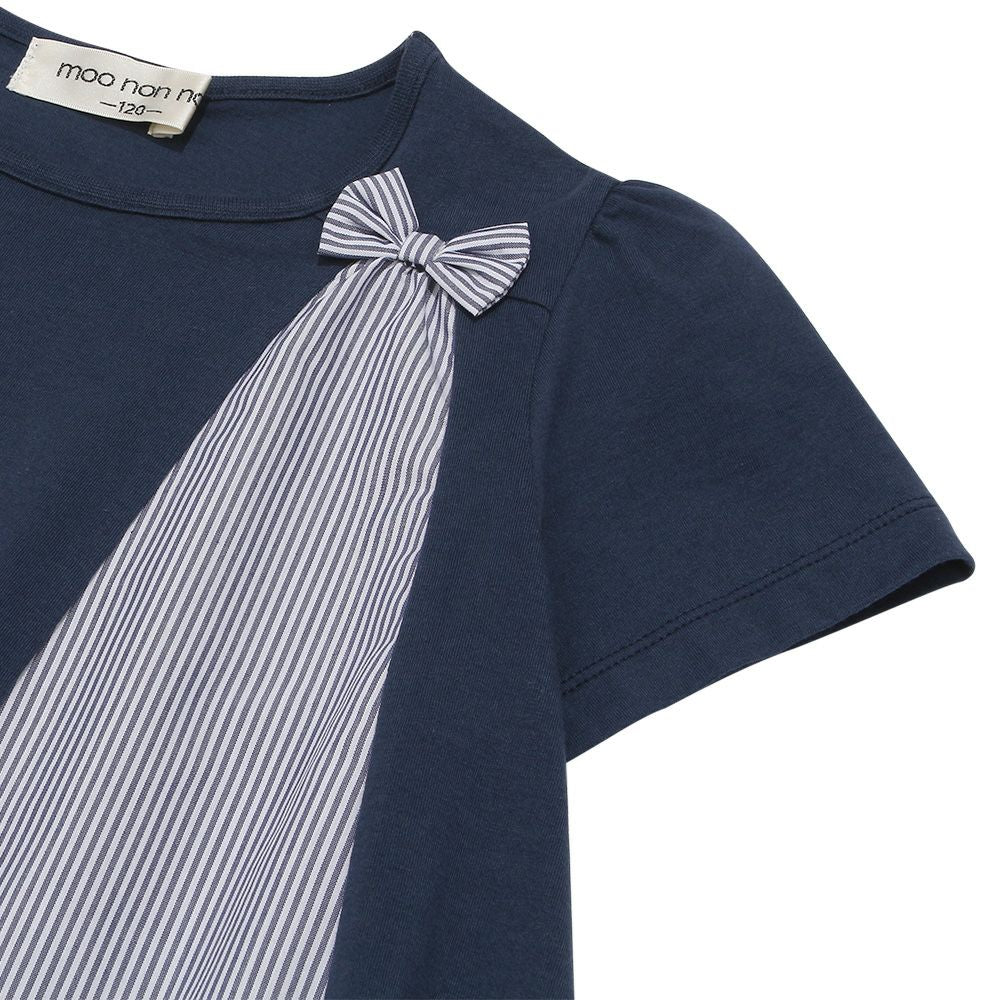 Stripe pattern switching with ribbon A line T -shirt 2023ss2 Navy Design point 1