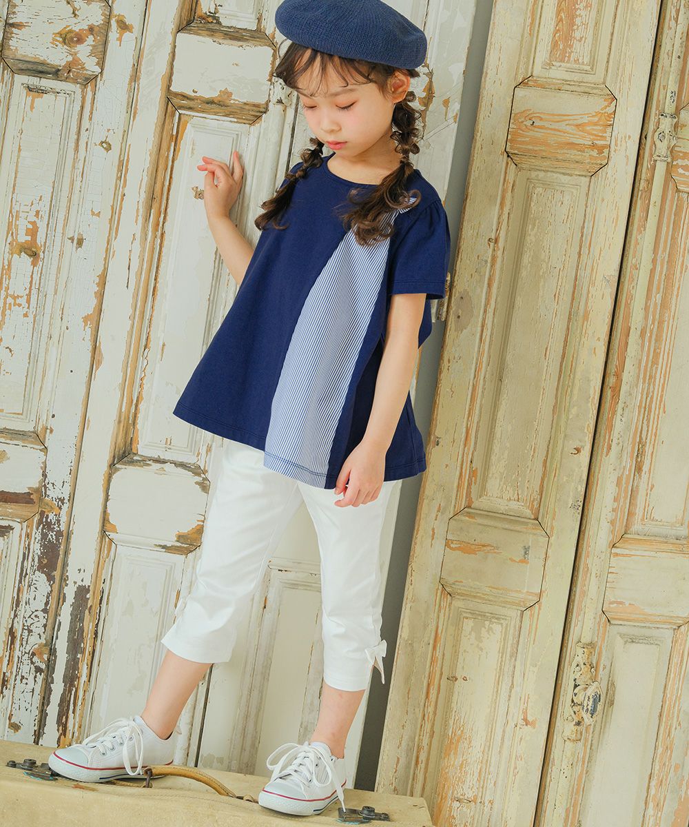 Stripe pattern switching with ribbon A line T -shirt 2023ss2 Navy model image whole body