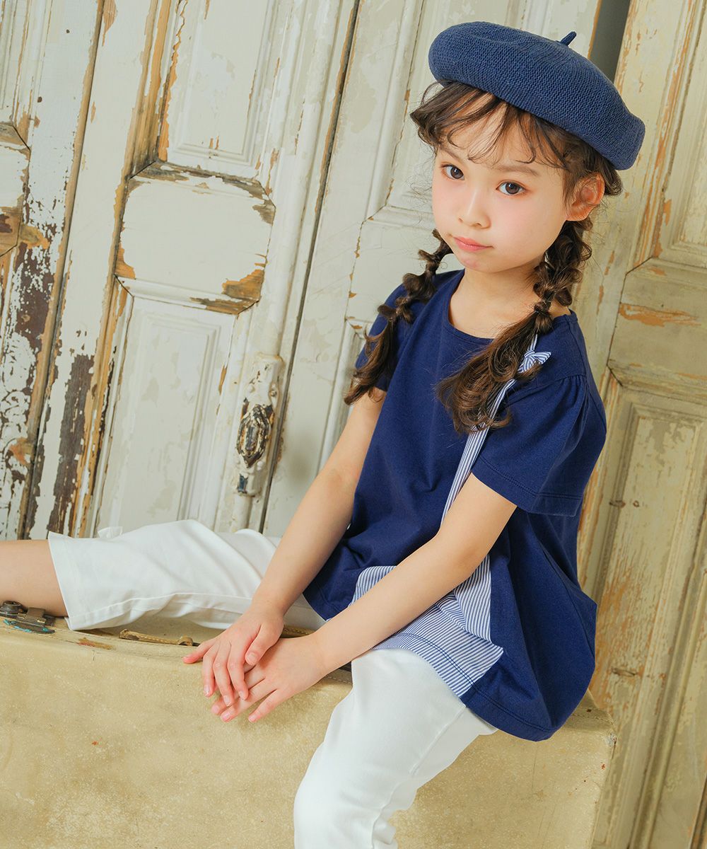 Stripe pattern switching with ribbon A line T -shirt 2023ss2 Navy model image 2