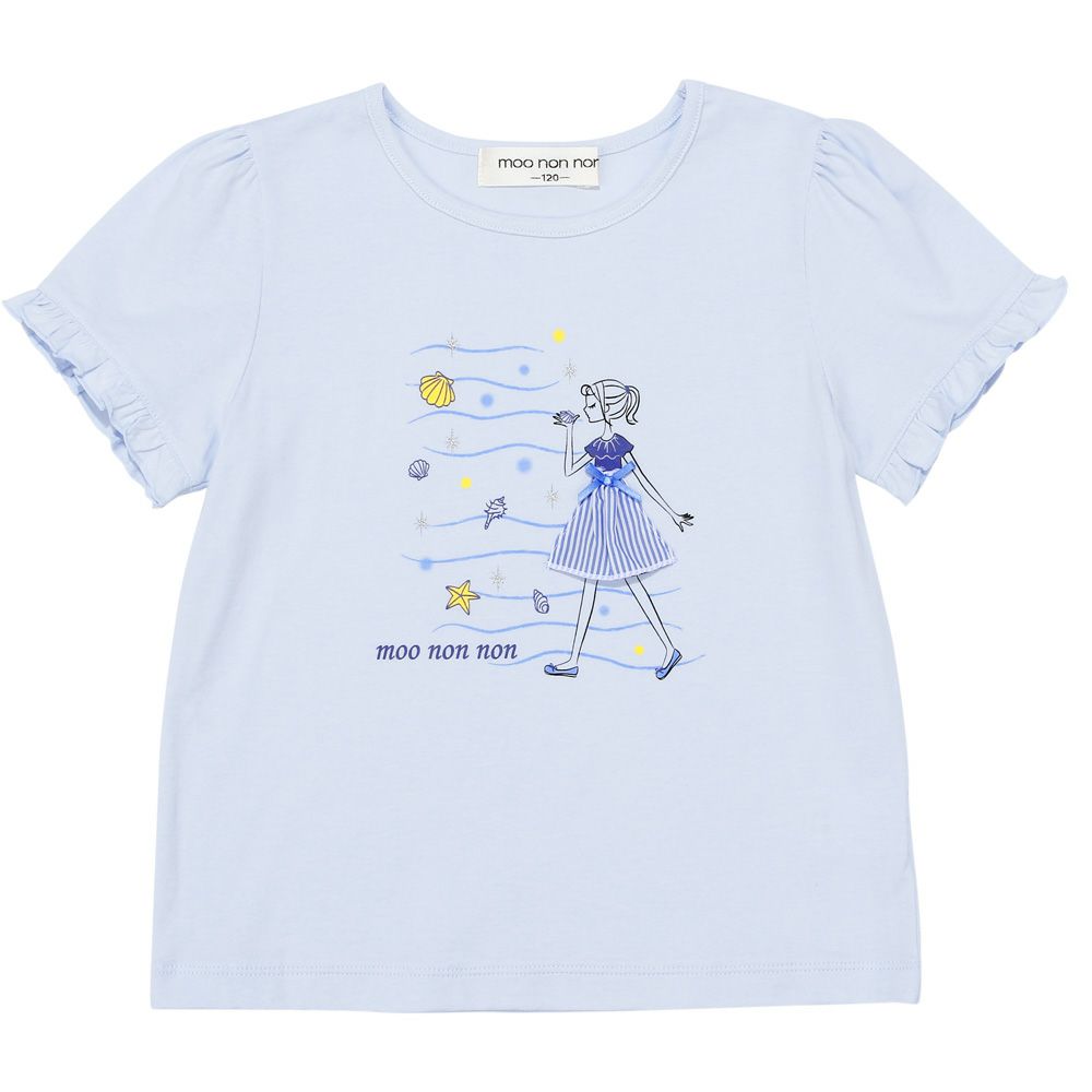 100 % cotton girl motif marine taste frill sleeve T -shirt 2023ss2 Blue front