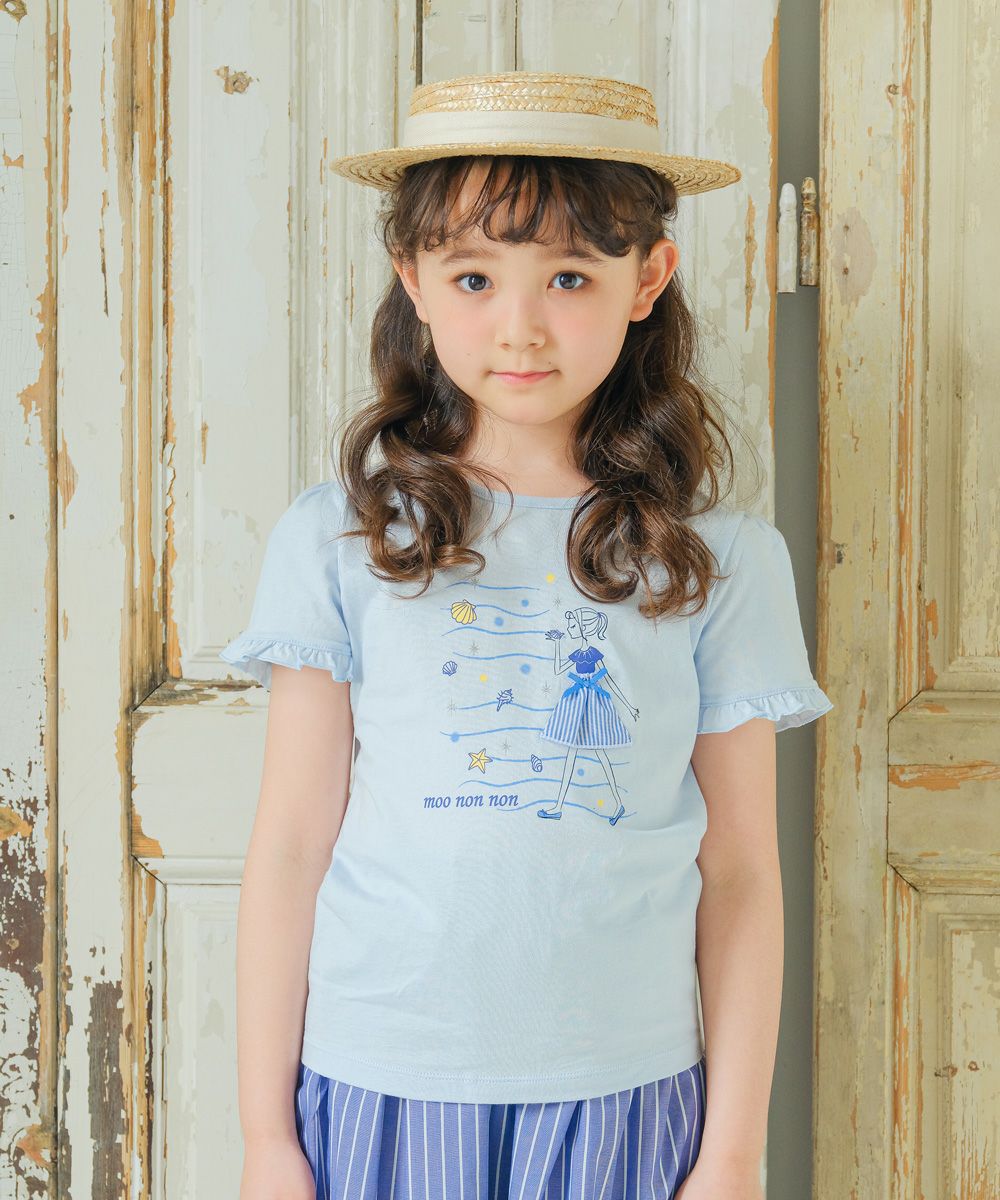 100 % cotton girl motif marine taste frill sleeve T -shirt 2023ss2 Blue model image up