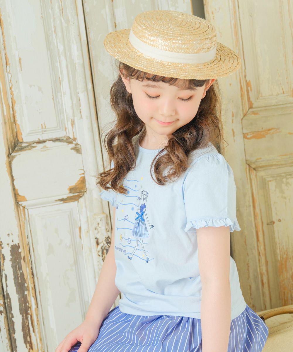 100 % cotton girl motif marine taste frill sleeve T -shirt 2023ss2 Blue model image whole body