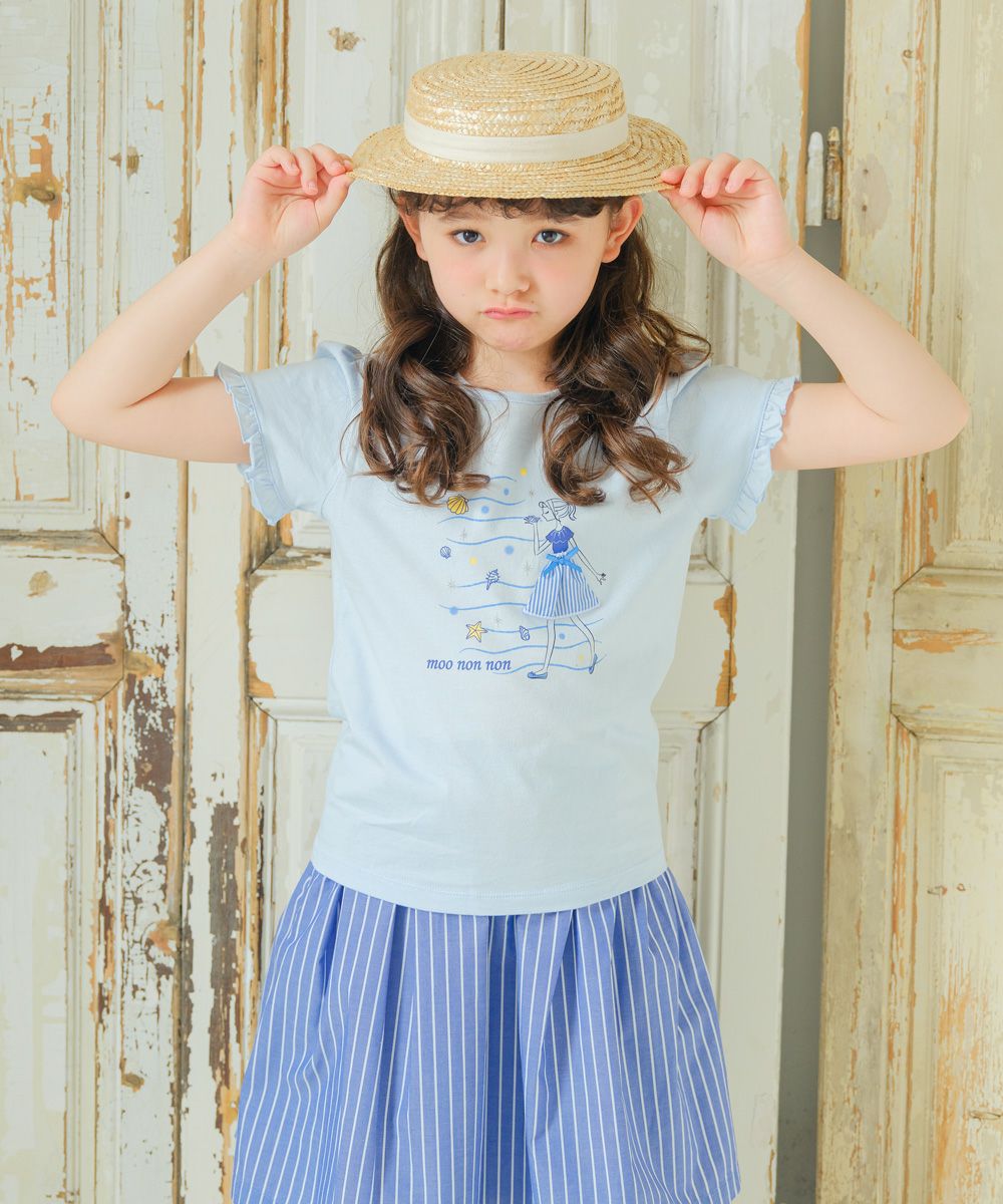 100 % cotton girl motif marine taste frill sleeve T -shirt 2023ss2 Blue model image 2