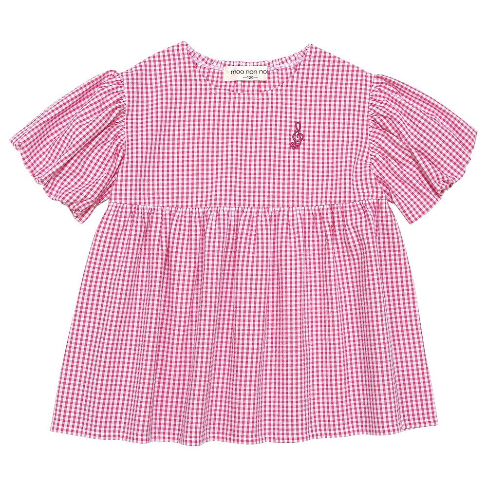 Gingham check pattern note embroidery over blouse 2023ss2 Pink front