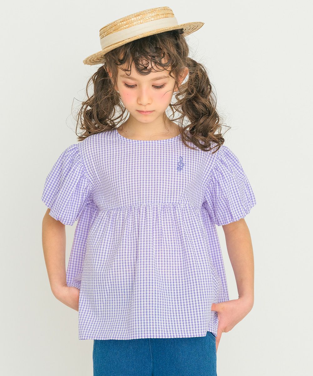 Gingham check pattern note embroidery over blouse 2023ss2 Purple model image 1