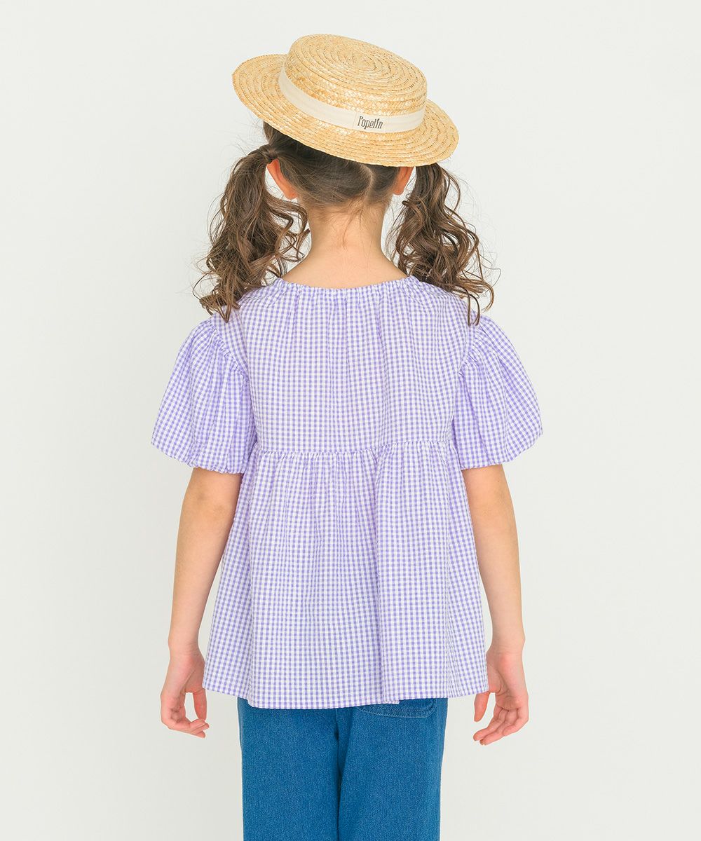 Gingham check pattern note embroidery over blouse 2023ss2 Purple model image 2