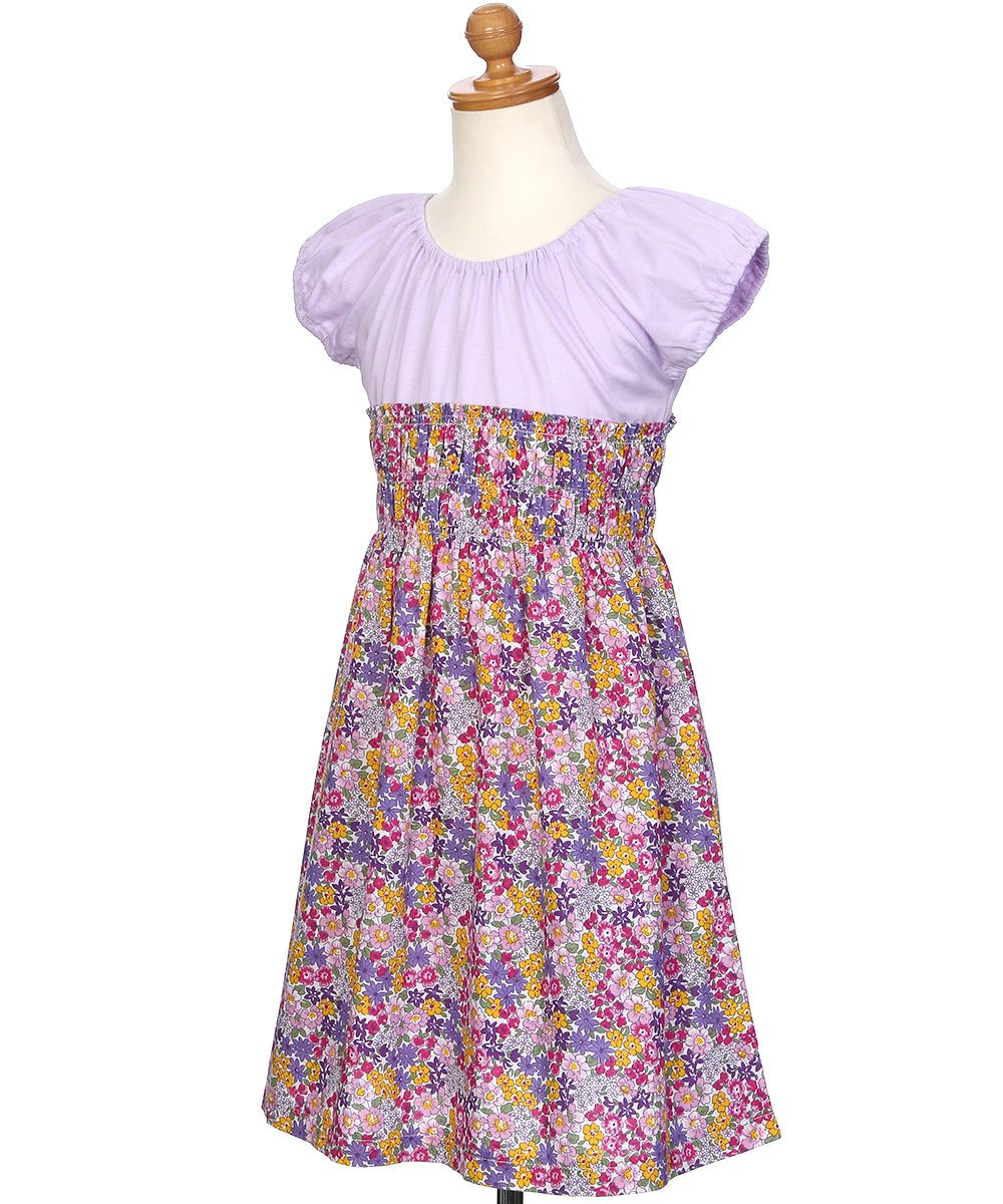 100 % cotton floral gather docking dress 2023ss2 Purple torso