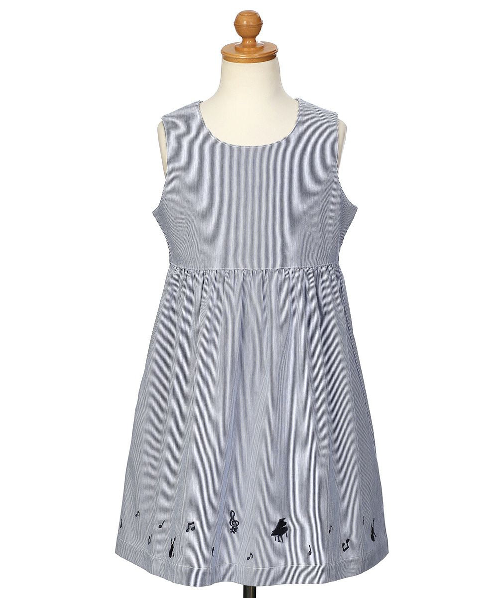 100 % cotton stripe pattern note embroidery dress dress 2023ss2 Blue torso