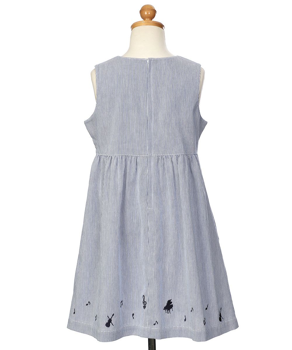 100 % cotton stripe pattern note embroidery dress dress 2023ss2 Blue torso