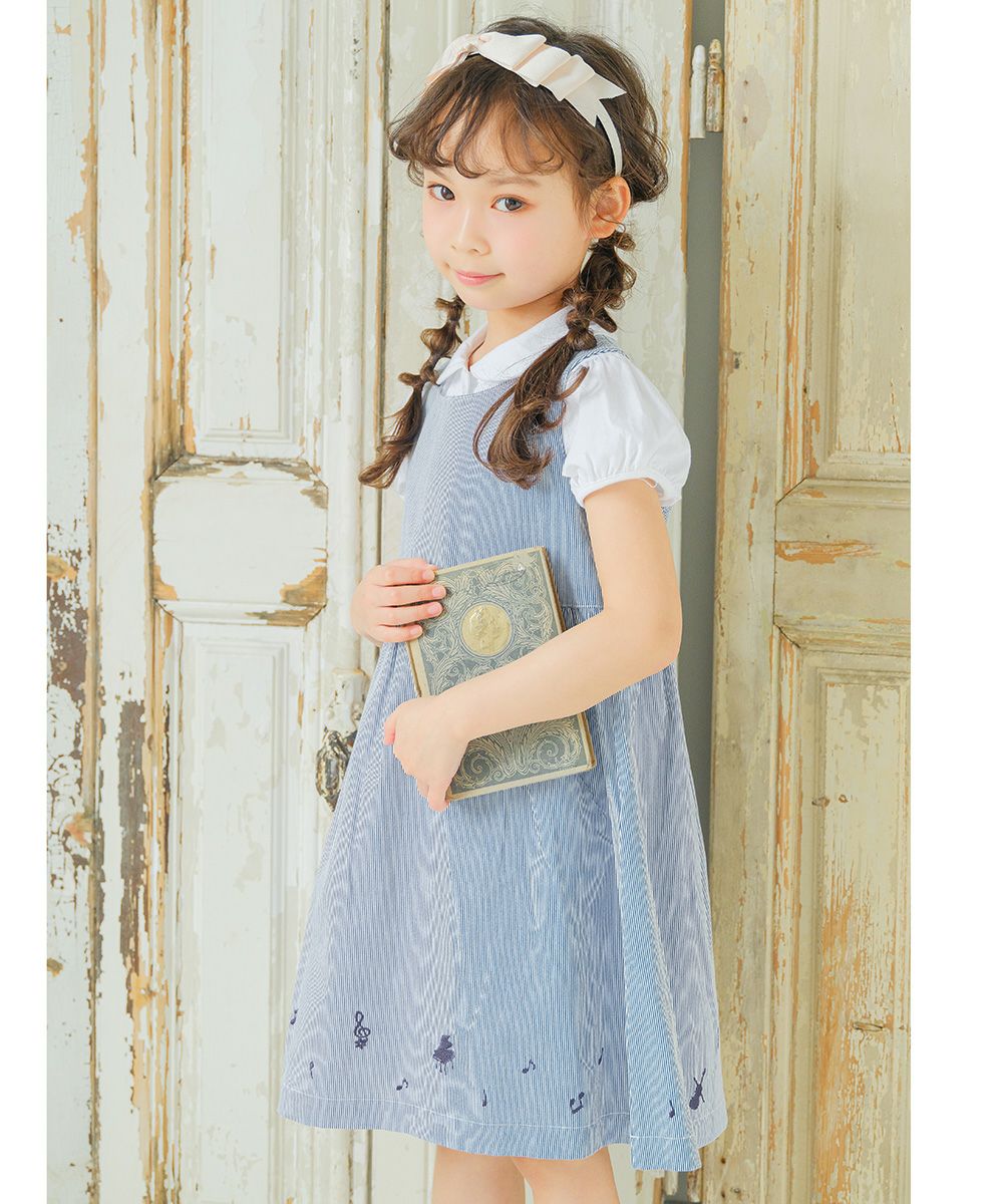 100 % cotton stripe pattern note embroidery dress dress 2023ss2 Blue model image 1