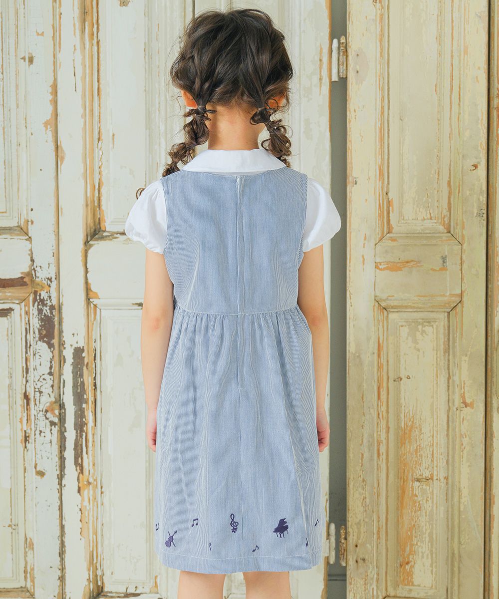 100 % cotton stripe pattern note embroidery dress dress 2023ss2 Blue model image 2