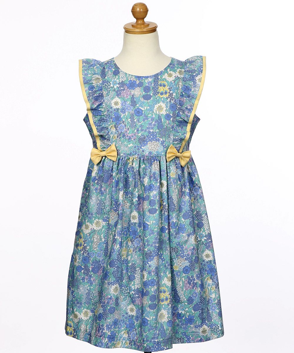 100 % Japanese cotton Liberty print used frill ribbon flower pattern dress Blue torso