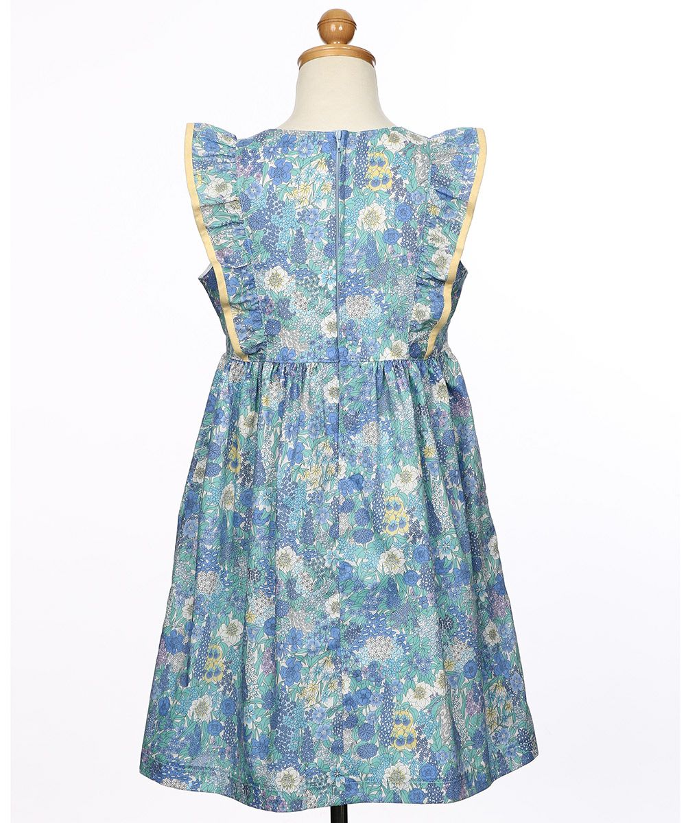 100 % Japanese cotton Liberty print used frill ribbon flower pattern dress Blue torso