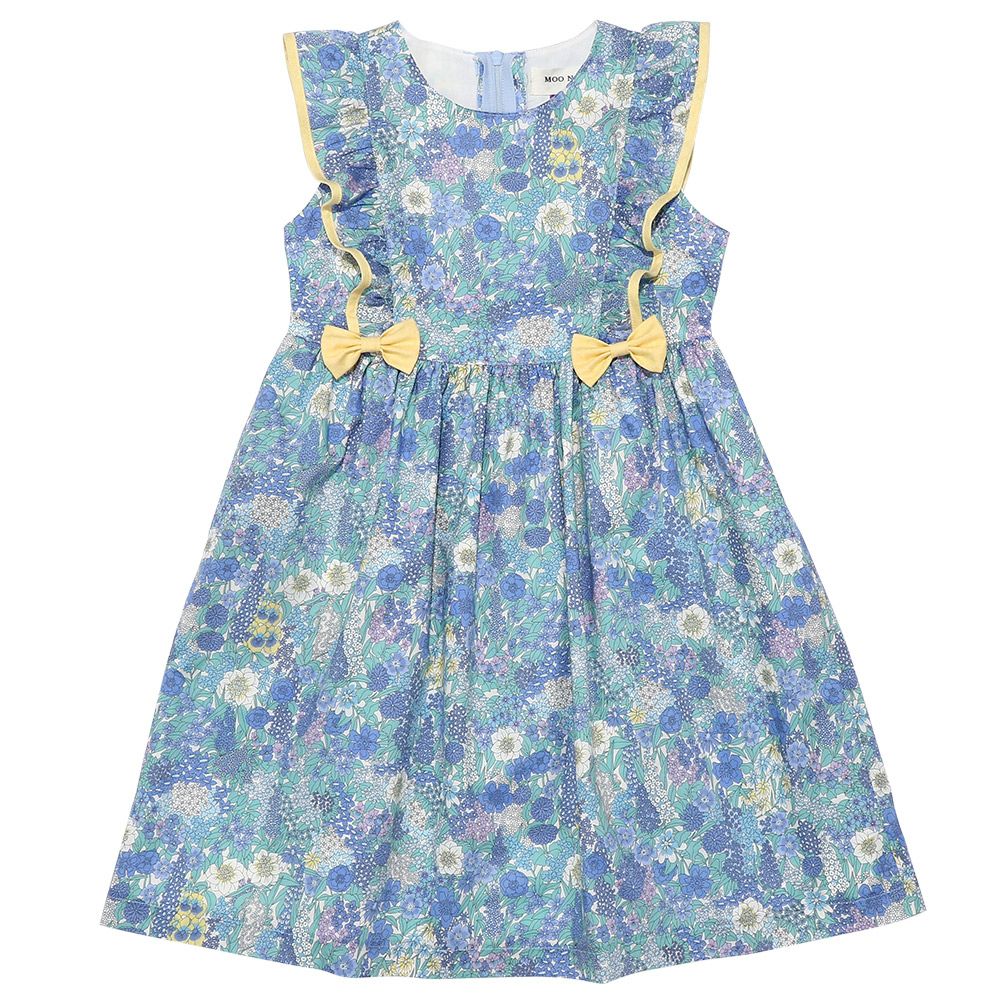 100 % Japanese cotton Liberty print used frill ribbon flower pattern dress Blue front
