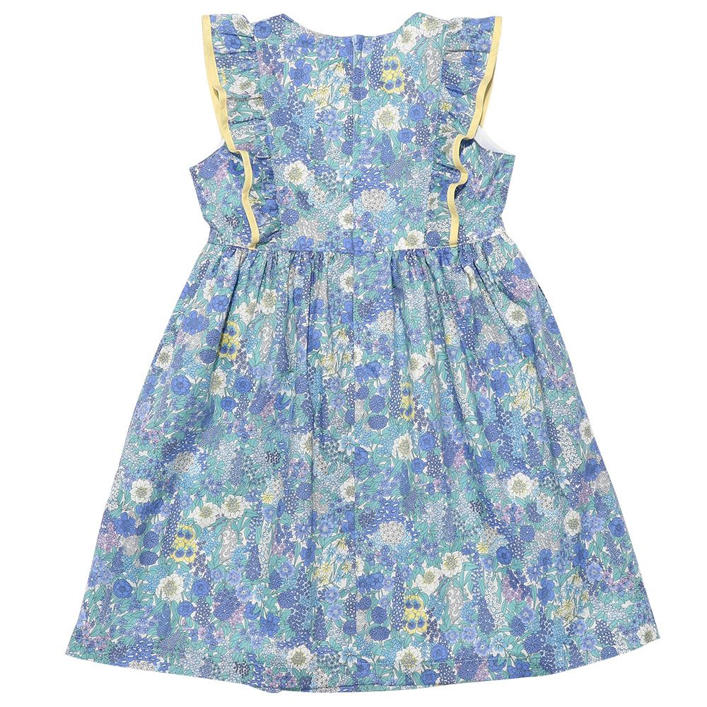 100 % Japanese cotton Liberty print used frill ribbon flower pattern dress Blue back