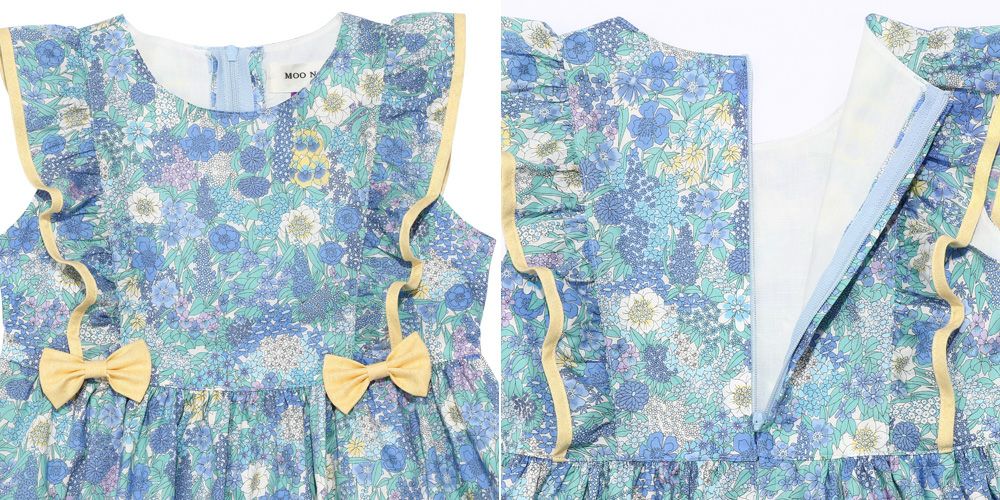 100 % Japanese cotton Liberty print used frill ribbon flower pattern dress Blue Design point 1