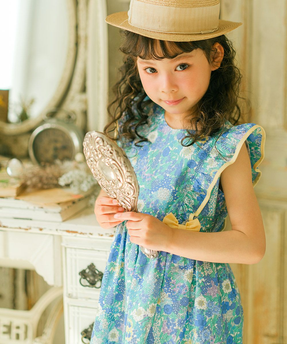 100 % Japanese cotton Liberty print used frill ribbon flower pattern dress Blue model image 2