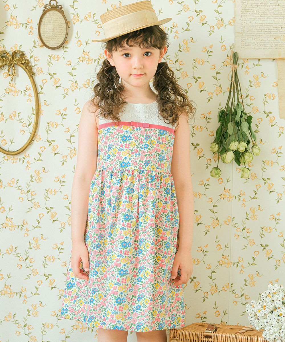Made in Japan Liberty Print Using Ribbon Pattern Lace Dress Off White model image up