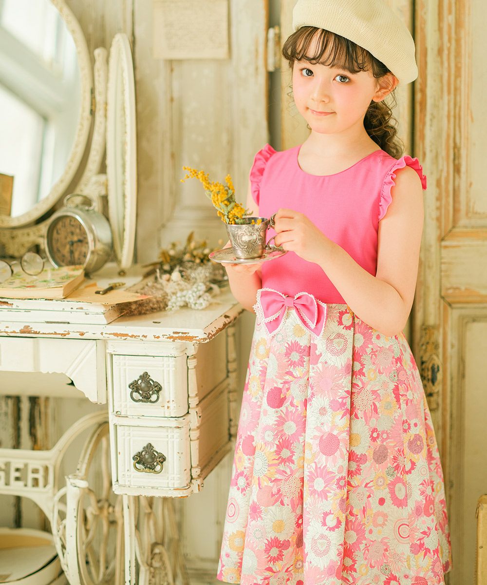 Made in Japan Liberty Print Used Floral Pattern Dress with Ribbon Dress Pink model image whole body