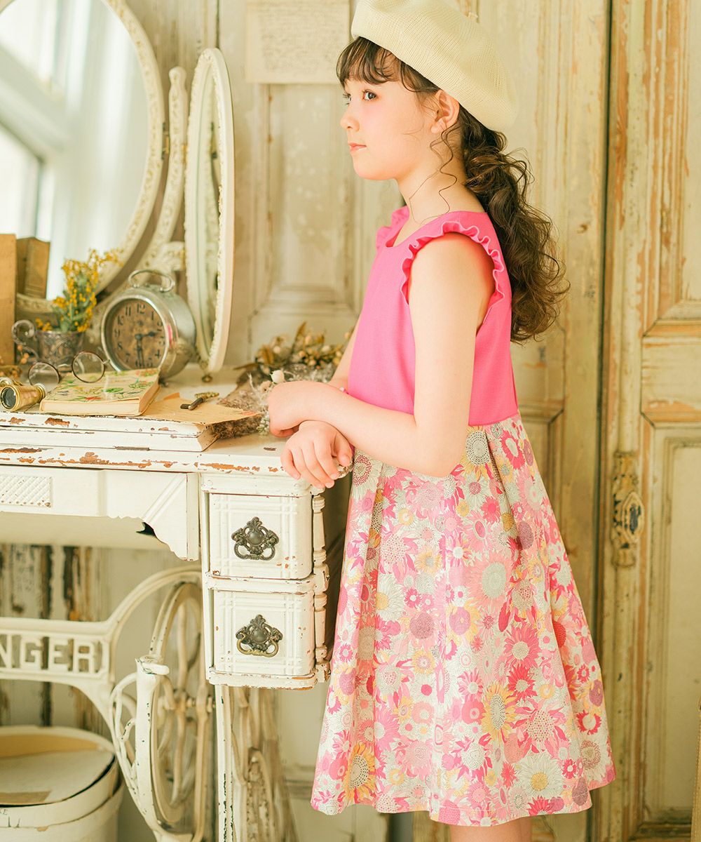 Made in Japan Liberty Print Used Floral Pattern Dress with Ribbon Dress Pink model image 3
